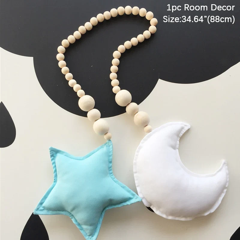 HULIANFU Nordic Boho Room Decor Double Star Moon Wooden Beads Cotton Hanging Wall Decoration Kawaii Kids Baby Bedroom Living Room Decor - Deanwangkt