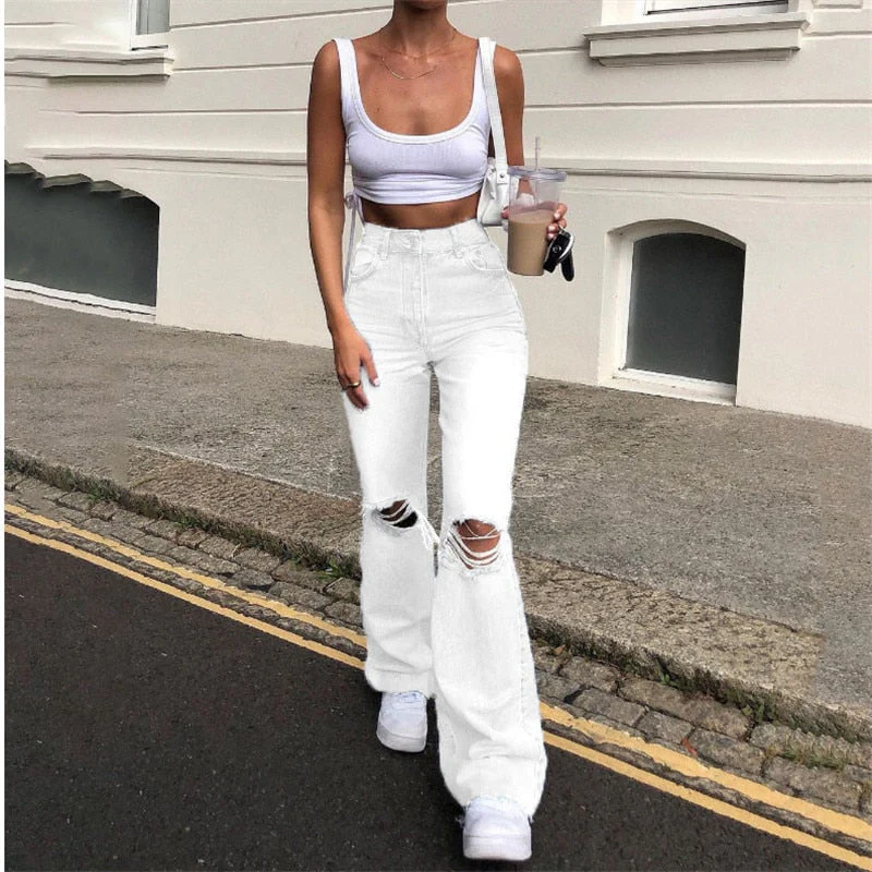 Hulianfu new style micro-bladed jeans women's ripped European and American high-waisted wide-leg flared trousers all-match loose - Deanwangkt