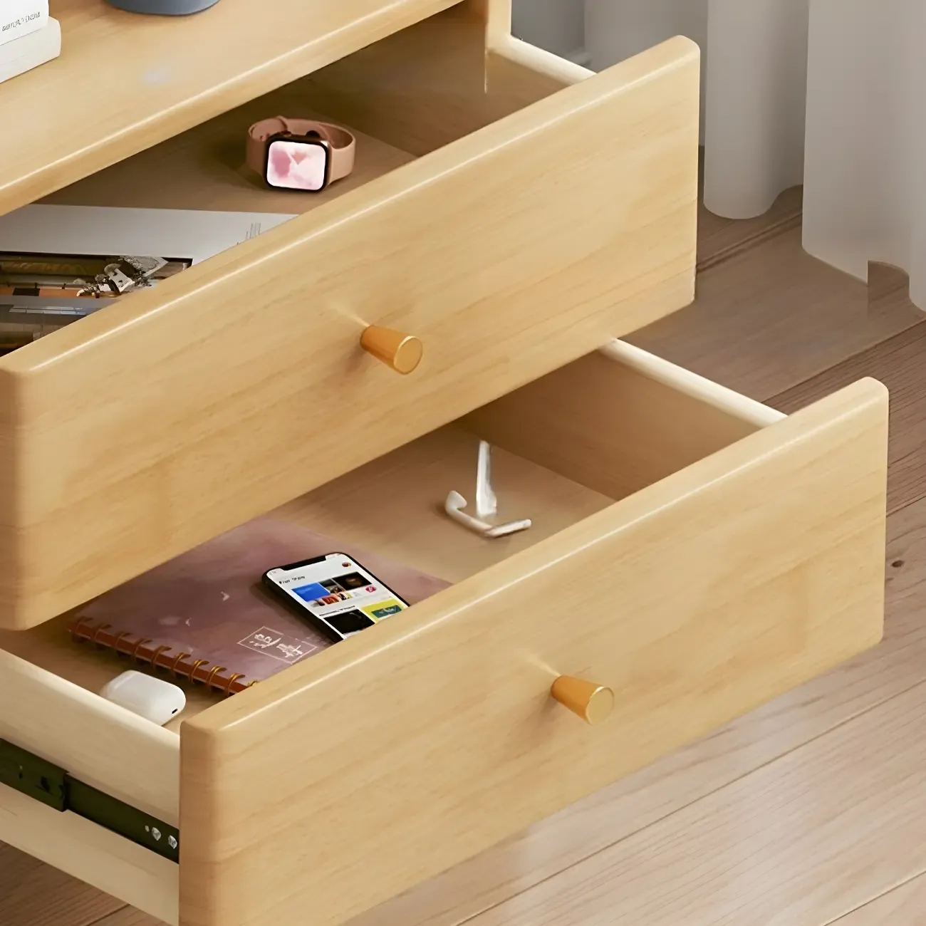 3-Tier Nut-Brown Wood Ladder Open Bookcase with Drawers