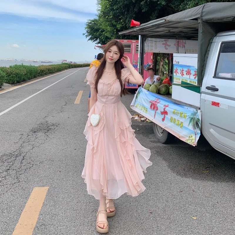 Hulianfu Vinatge Sweet French Midi Dresses Women Casual Short Sleeve Beading Chiffon Dress Elegant Female Party One Piece Dress Korean - Deanwangkt