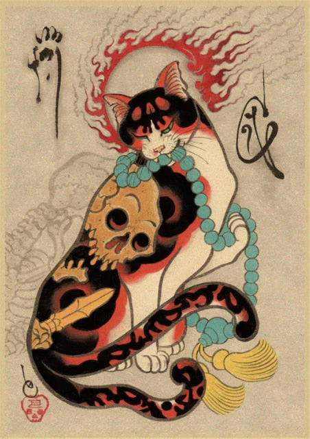 HULIANFU Japanese samurai cat tattoo cat vintage poster wall art sticker painting living room decoration bedroom print picture - Deanwangkt