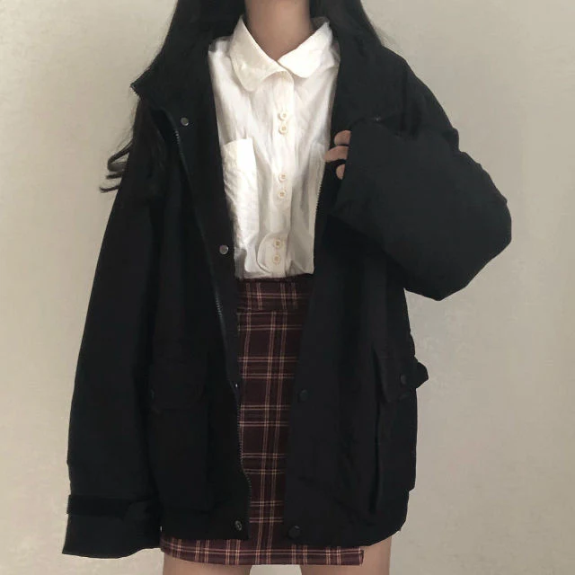 Basic Jackets Women Chic All-match Retro Solid Zipper Design Ulzzang Lovely Fashion Teens Overcoats Daily Vintage Womens Outwear - Deanwangkt