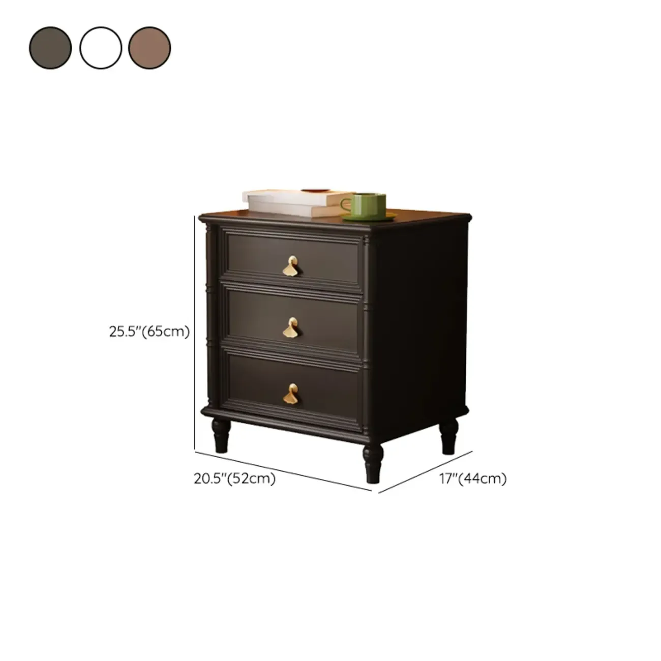 Traditional Rectangular Solid Wood 3-Drawer Black Nightstand