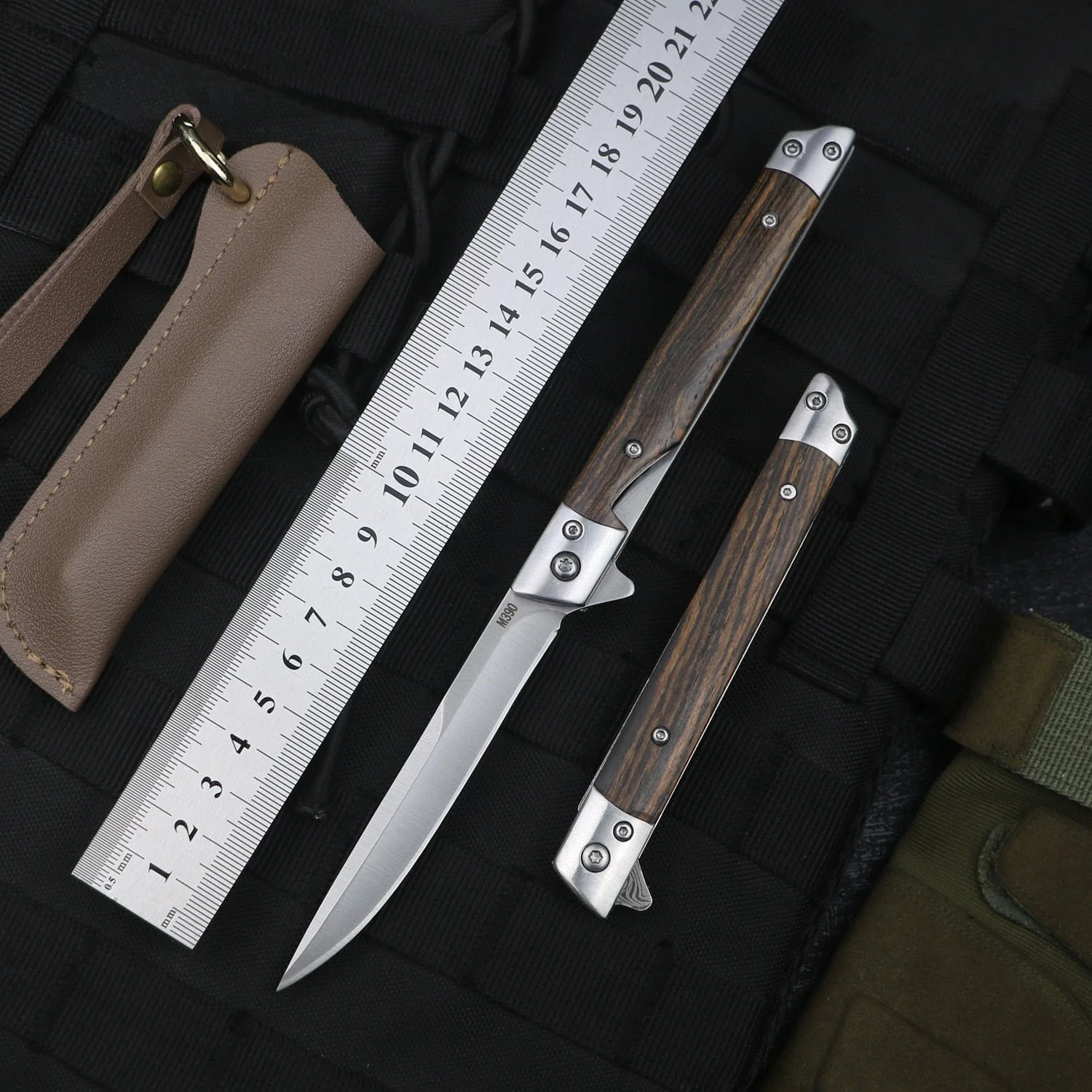 HULIANFU M390 Steel Folding Knife with Holster Wooden Handle Damascus Pattern High Hardness Outdoor Hunting Knife  Camping Survival Tools - Deanwangkt