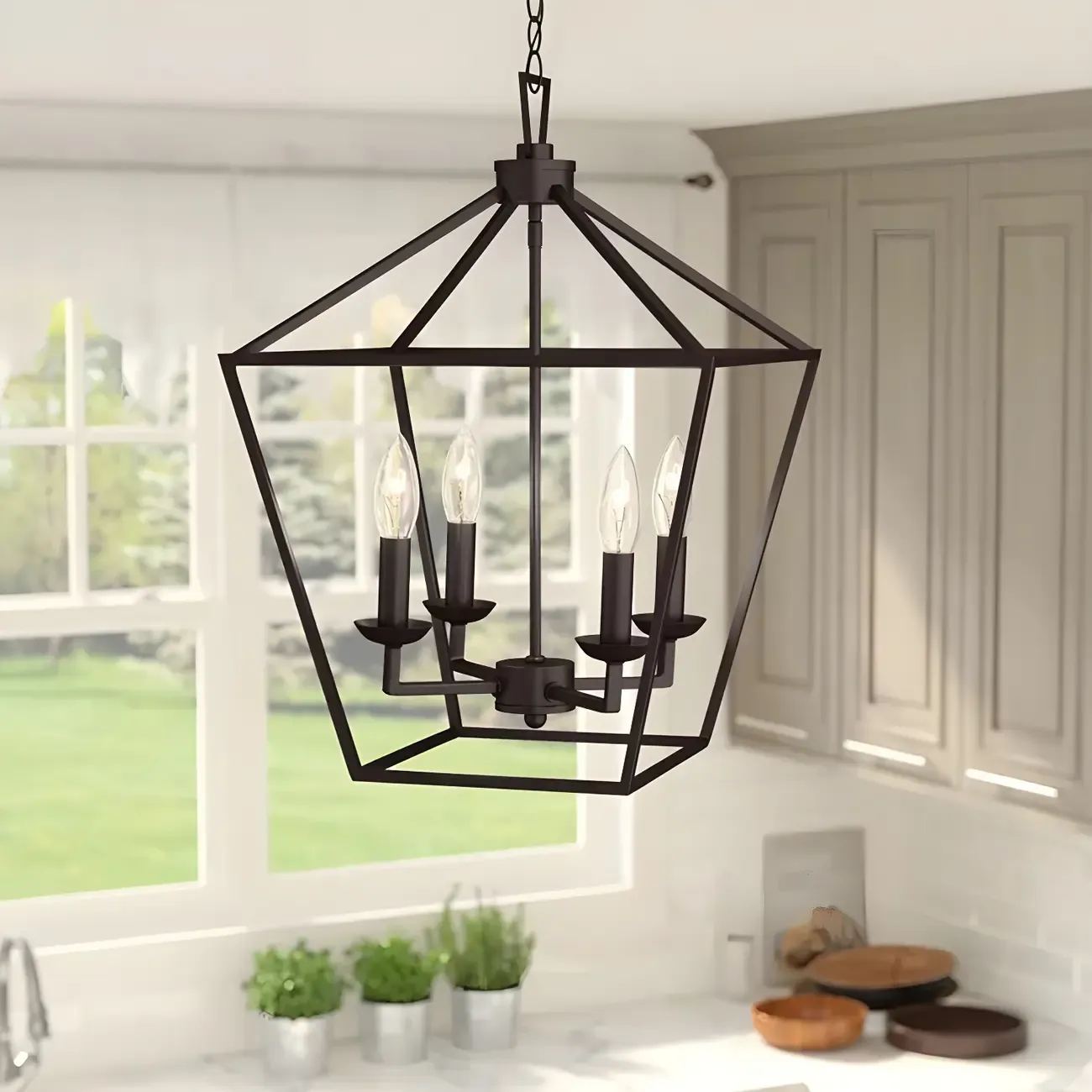 Black Geometric Metal Lantern Chandelier Modern Design