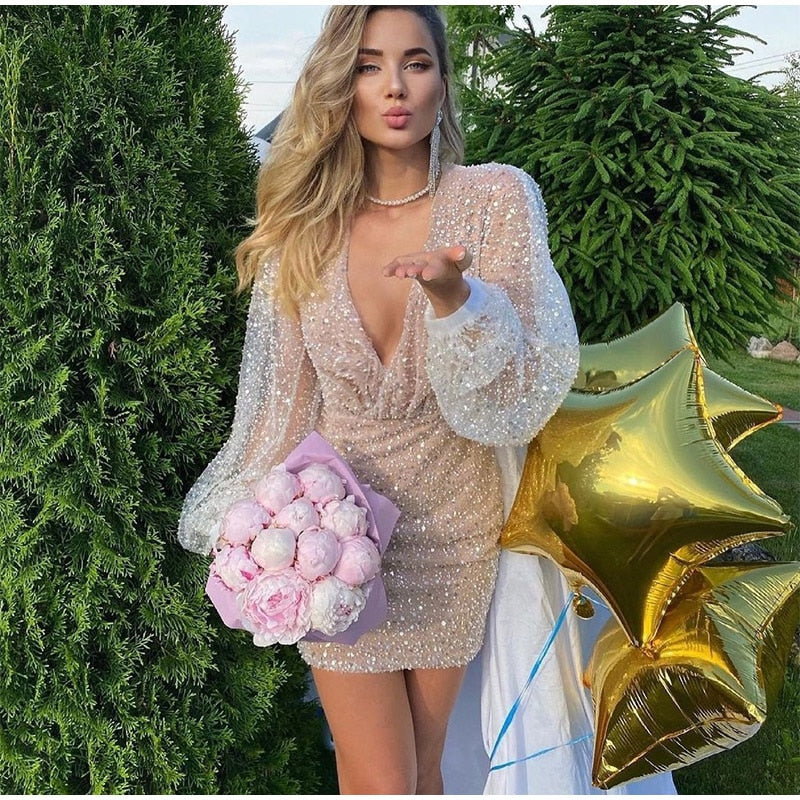 Hulianfu Sexy Sequins Women Party Mini Dress V-Neck Lantern Long Sleeve Female Night Club Evening Dresses Bodycon Short Dress Summer - Deanwangkt