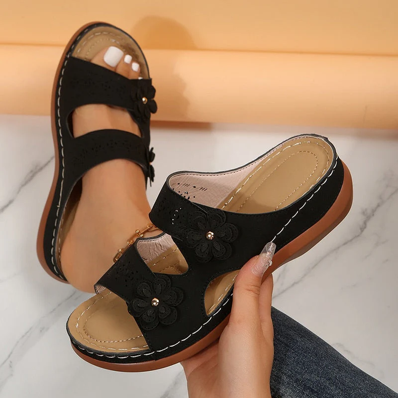 hulianfu Retro Flower Wedge Slippers Women  Summer Non Slip Beach Shoes Woman Lightweight Casual Platform Sandals Plus Size 42 - Deanwangkt