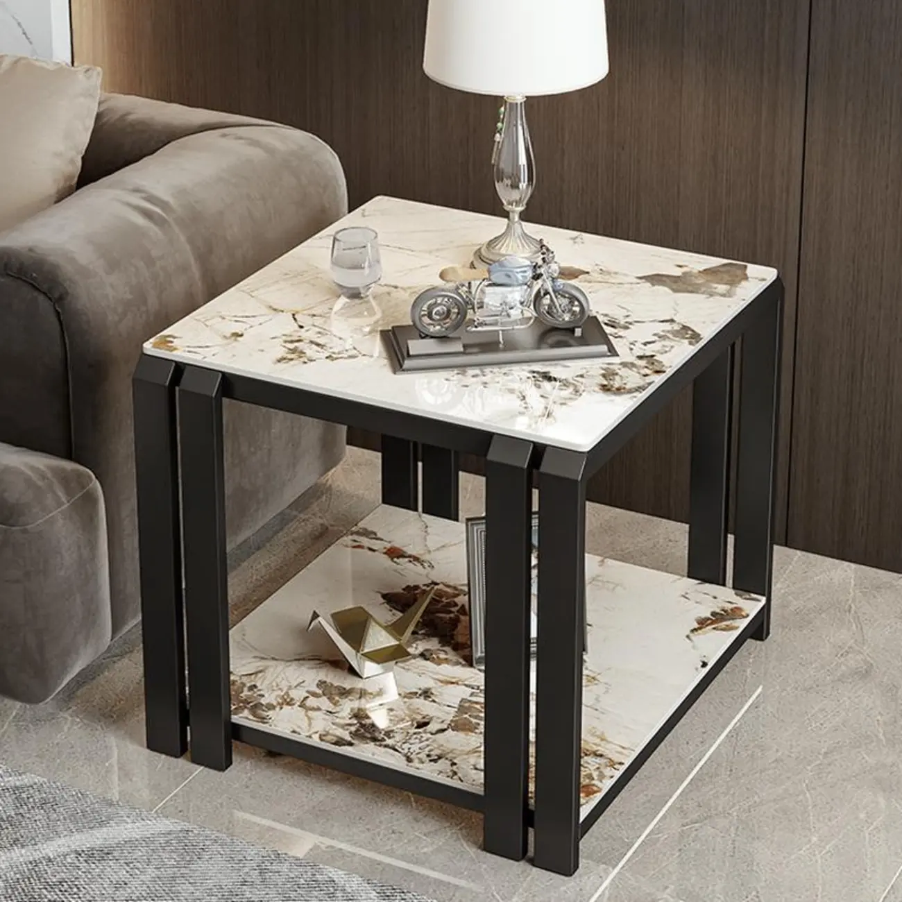 Gold-Black 2-Tier Stone Top Square Metal Frame Side Table