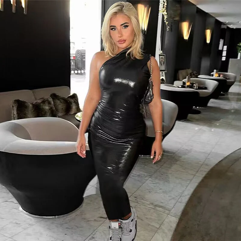 Hulianfu Pu Leather One Shoulder Sleeveless Draped Mini Prom Dress 2026  Summer Fall Women Elegant Y2K Evening Party Club Clothes - Deanwangkt