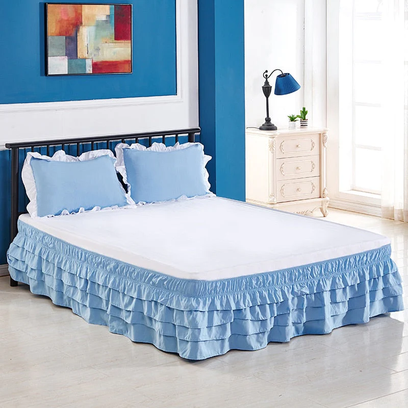HULIANFU  4 Layers Ruffled Bed Skirt Wrap Around Elastic Bed Skirt Bed Cover Without Surface Home Hotel Bed Skirt Twin /Full/ Queen/ King - Deanwangkt
