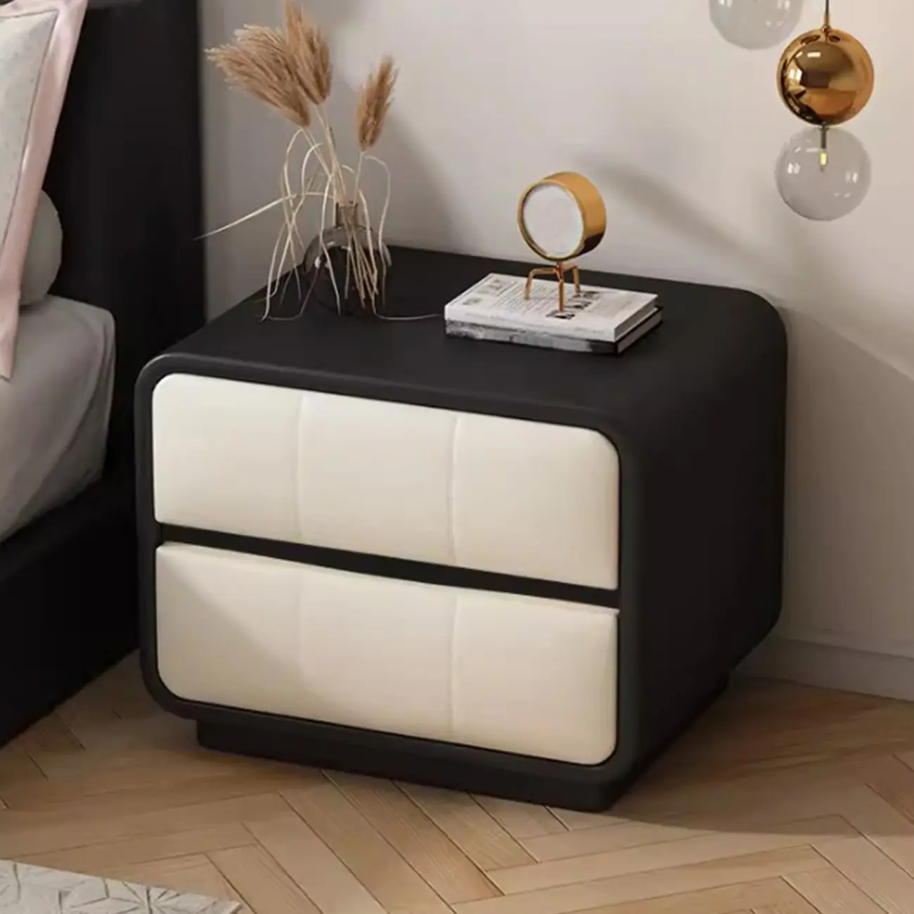 Modern Leather Wood Soft-Line 2 Drawer Nightstand