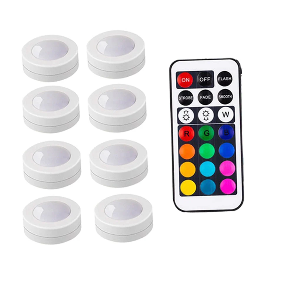 HULIANFU Wireless LED Under Cabinet Light Dimmable Touch Sensor RGB LED Puck Lights For Cupboard Wardrobe Stair Closet Hallway Night Lamp - Deanwangkt