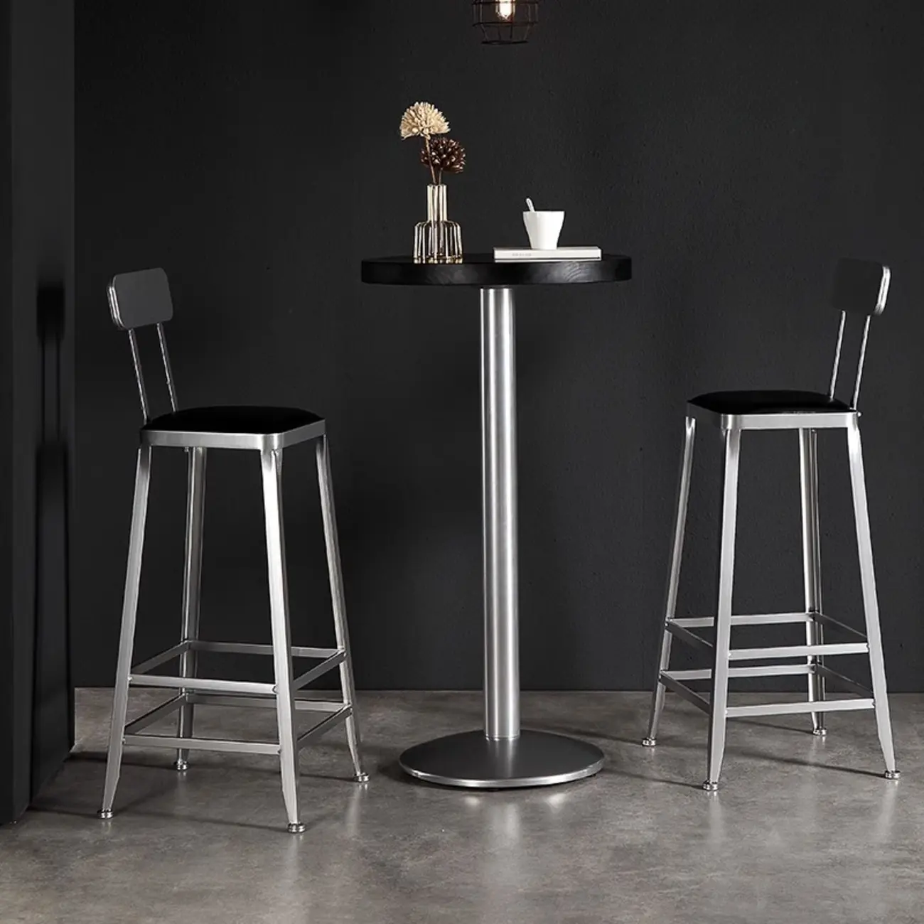Modern Black Round Wooden Silver Metal Pedestal Bar Tables