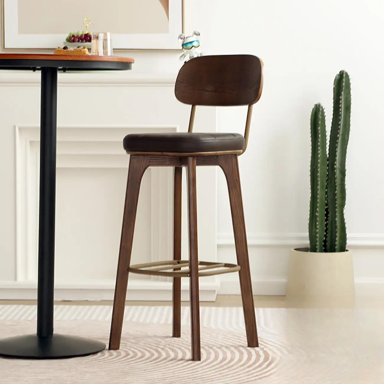 Wooden Square Leather Upholstered Bar Stool with Backrest