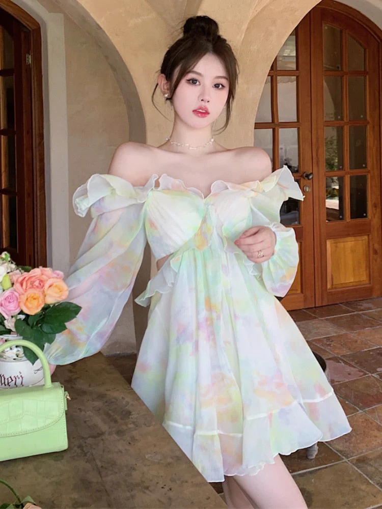 Hulianfu France Sweet Tie-dyed Fairy Dress Women Elegant Chic Ruffles V-Neck Long Sleeve Princess Dresses Female Casual Beach Vestidos - Deanwangkt