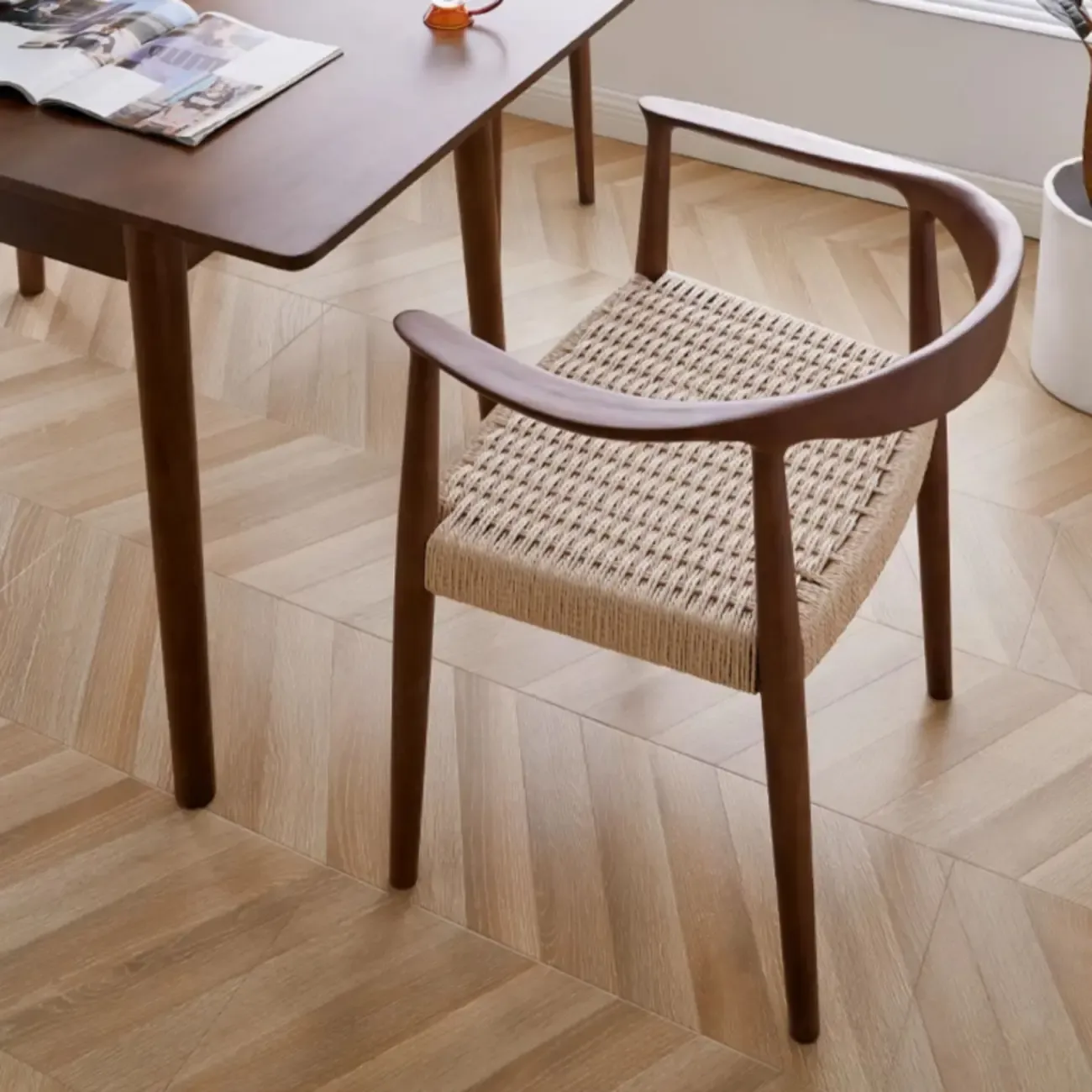 Scandinavian Curved Wood Woven Seat Armrest Dining Chair