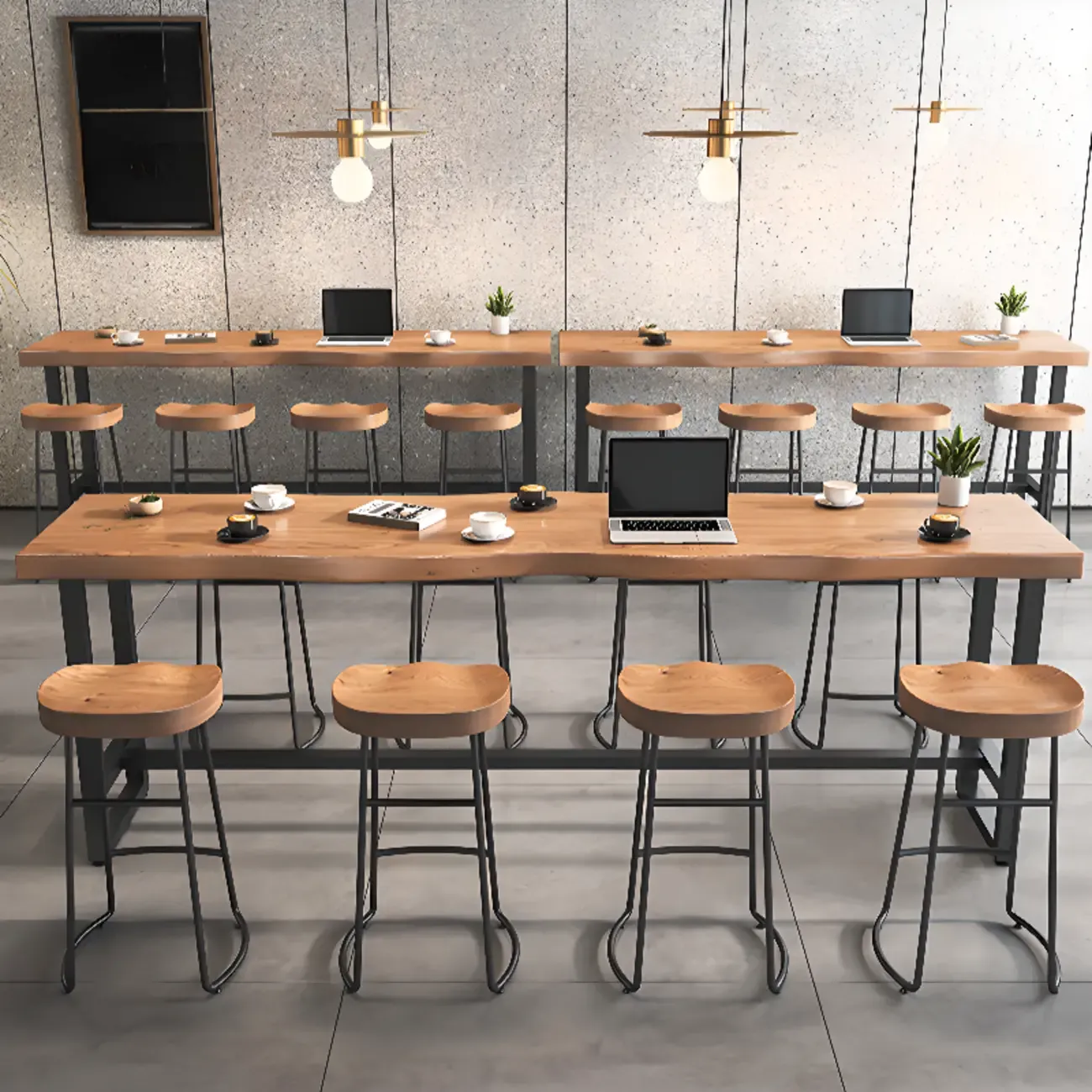 Modern Wooden Freeform Pub Table with Metal Trestle Base