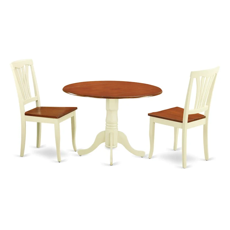 East West Furniture 3 Piece Dining Table Set Contains a Round Dining Room Table and 2 Wooden Seat Chairs, Buttermilk & Cherry