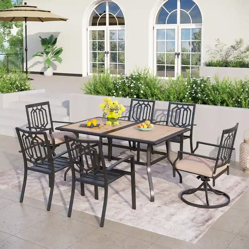 MAISON ARTS 7 Pieces Patio Dining Set with 2 Swivel Garden Chairs with Cushion, 4 Steel Chairs, 1 Rectangle Table