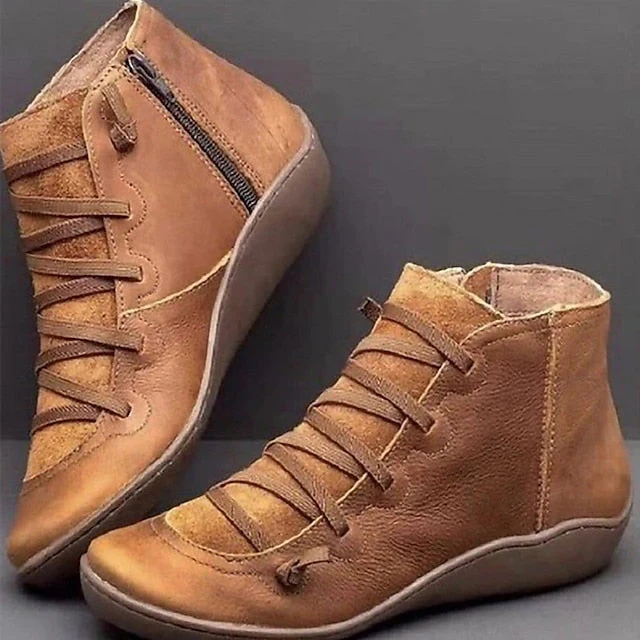 Women's Boots Comfort Shoes Plus Size Barefoot shoes Daily Booties Ankle Boots Flat Heel Round Toe Casual Minimalism Faux Leather Zipper Solid Color Solid Colored Red Blue Brown - Deanwangkt