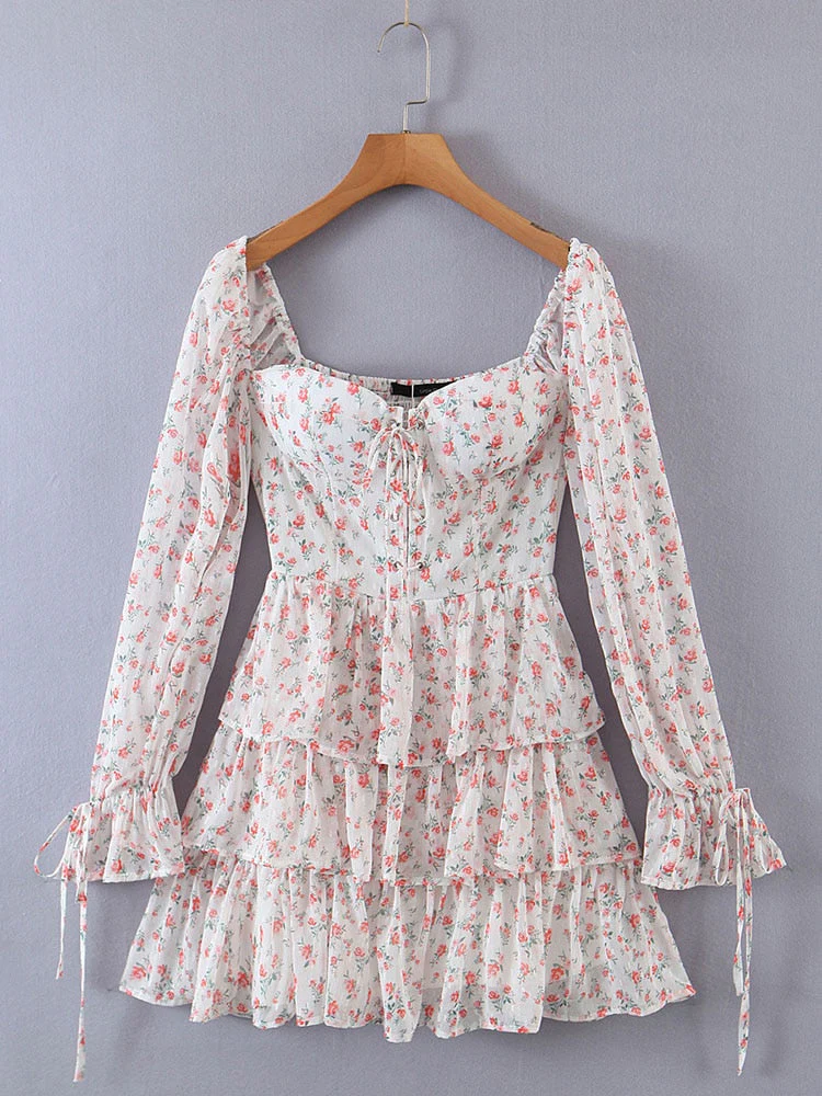 hulianfu Lolita Women's Mini Dresses Flower Printing Square Neck Robes for Women Sweet SLady Long Sleeve Ruffles Ladies Veastidos - Deanwangkt