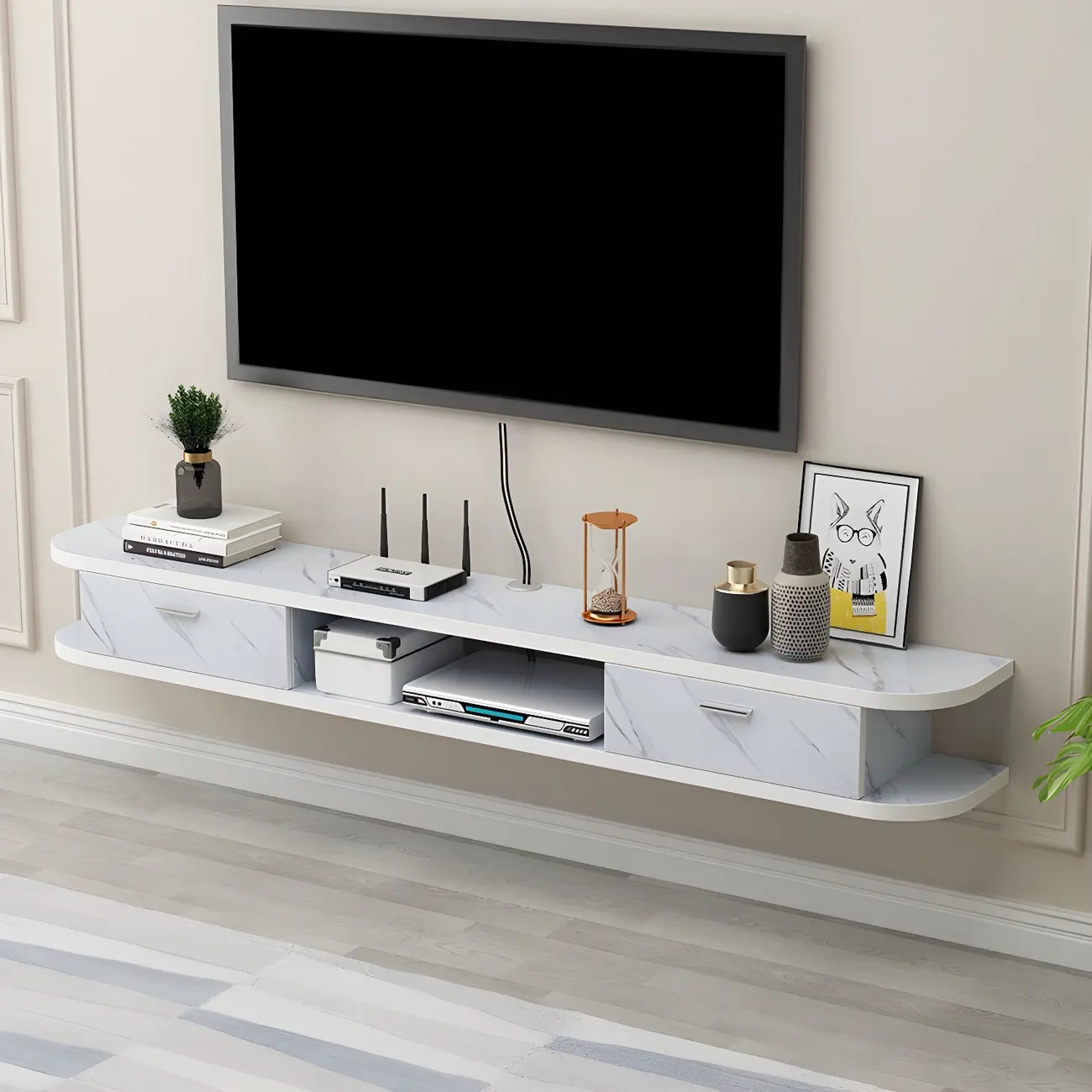 Contemporary Floating Wood Open Storage TV Stand Black