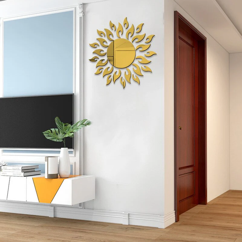 HULIANFU Sun Mirror Wall Sticker DIY Sun Flower Self Adhesive 3D Wall Decal Removable Mural Wallpaper for TV Background Art Home Decor - Deanwangkt