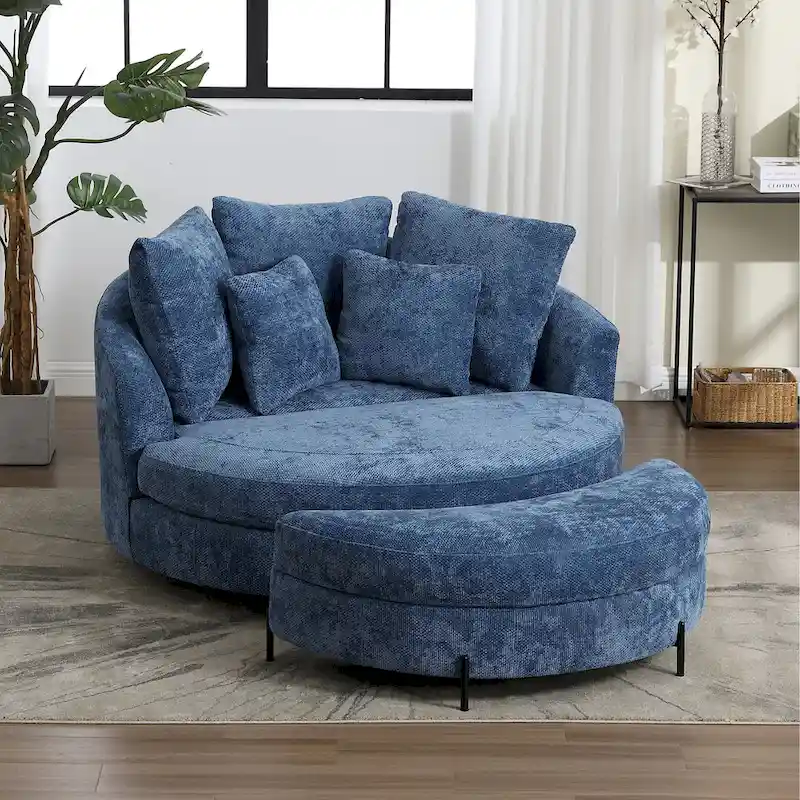 Modern Sofa Chair Round Accent Barrel Chair With 5 Pillows and Optional Ottoman