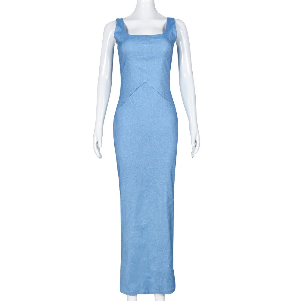 Blue Denim Maxi Dresses Women Spaghetti Strap Low Cut Backless Zipper Split Bodycon Dress Summer  Harajuku Streetwear - Deanwangkt