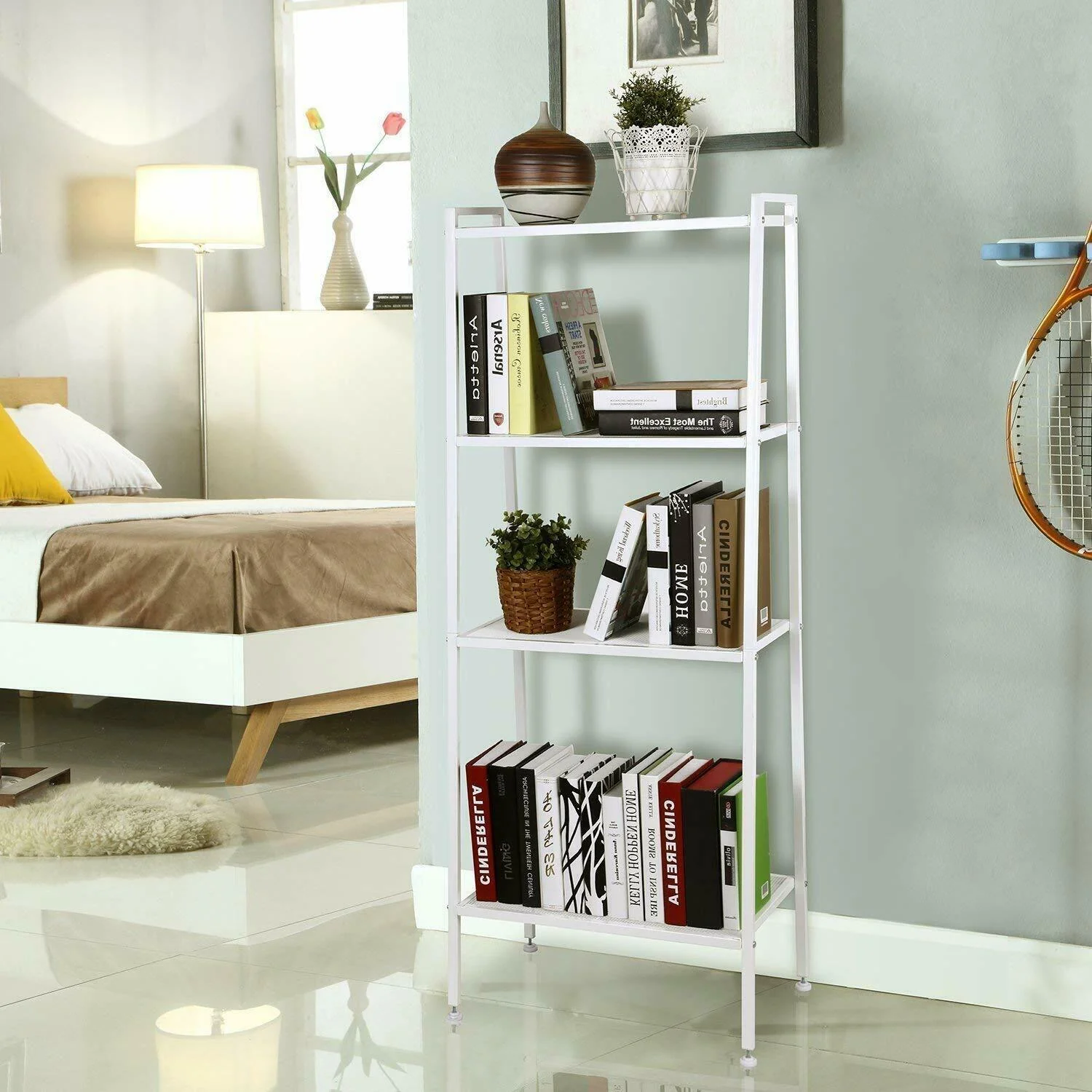 HULIANFU Ladder Shelf 4-Tier Bookshelf Plant Flower Stand Storage Rack Industrial Organizer Modern Shelves Shelving Bookcase Stable Metal - Deanwangkt