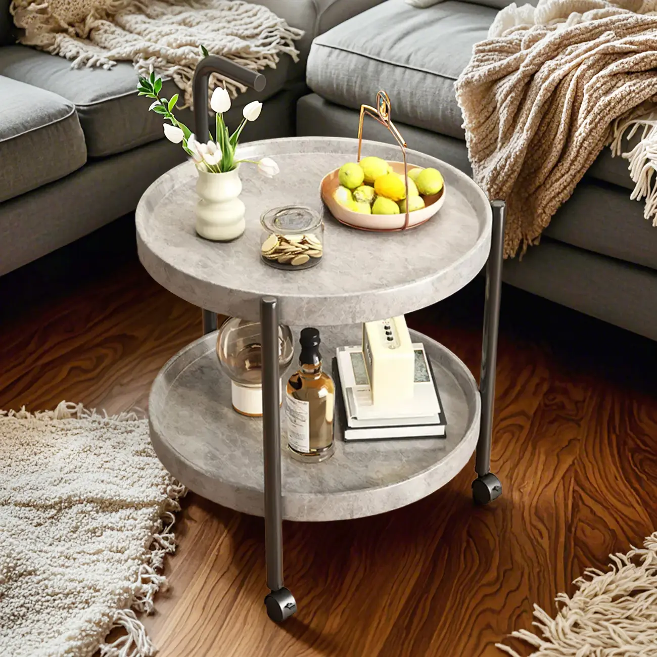 Modern 2-Tier Wood Round Coffee Table with Wheels, Tray