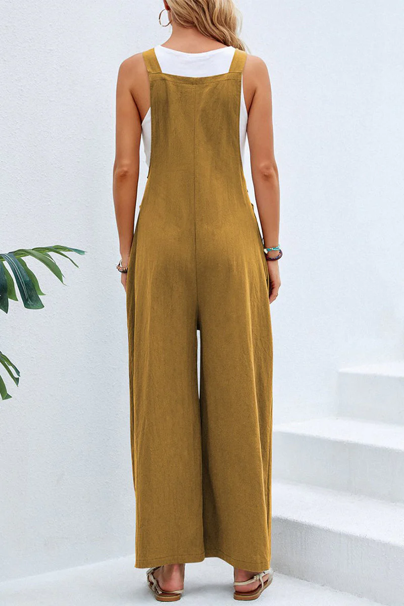 hulianfu Casual Vacation Solid Buttons Square Collar Loose Jumpsuits(10 Colors) - Deanwangkt