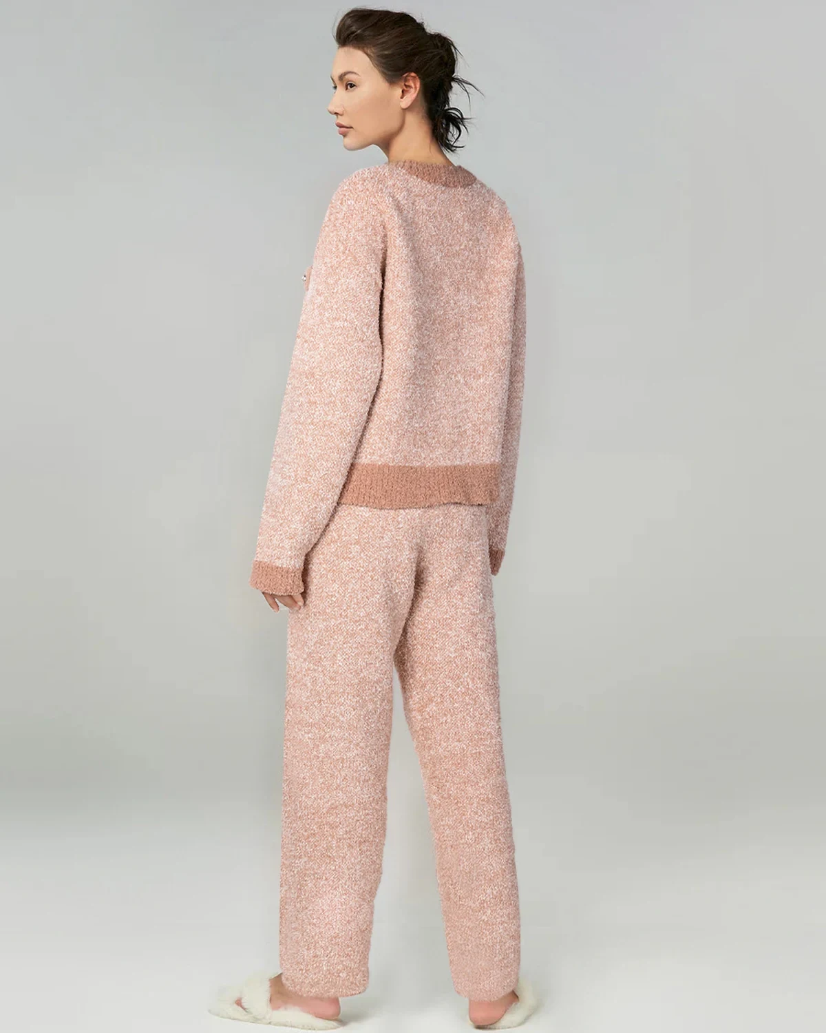 Soft tweed-style fluffy cardigan half-fleece Fall/Winter loungewear set for women, fleece-lined thick warm pajamas that can also be worn outside