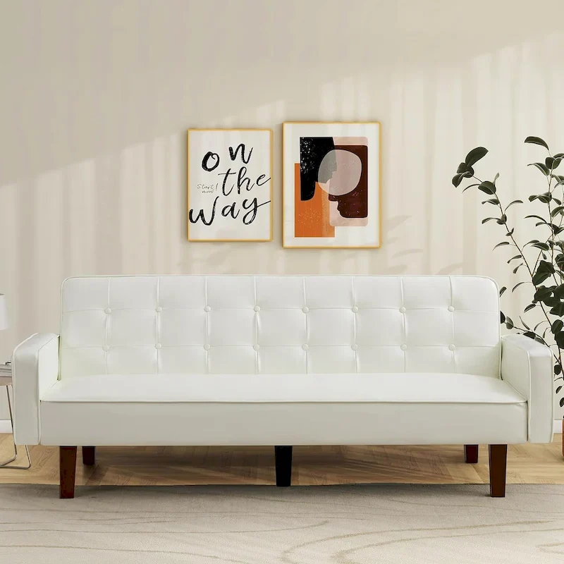 Faux Leather Futon Sofa Bed Sleeper Couch, Mid Century Button Tufted Upholstered Convertible Sofa Bed with Wooden Legs