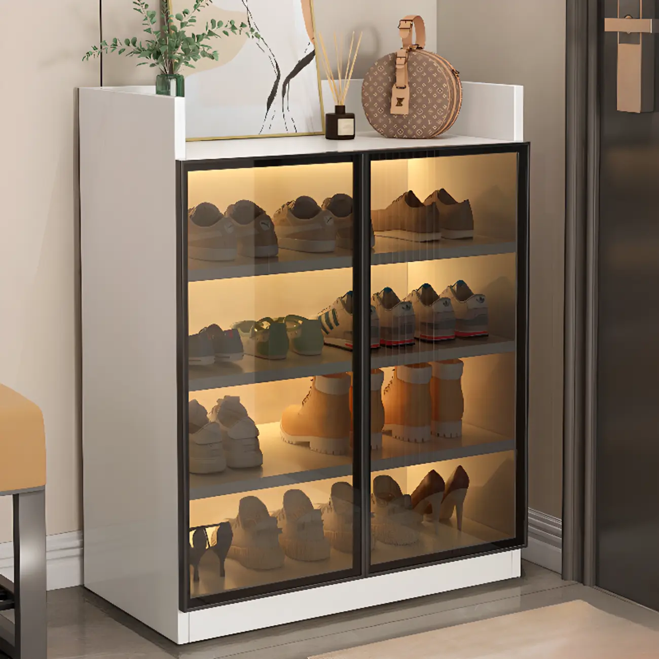 Led-lit Shoe Cabinet with Adjustable Shelves Transparent Doors