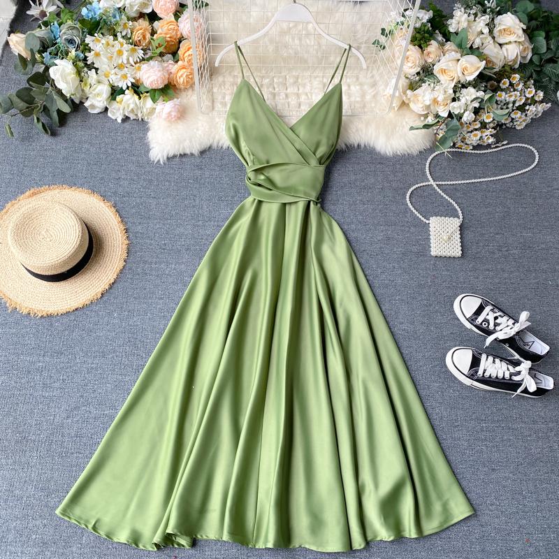FTLZZ New Summer Women Sexy V Neck High Waist A-line Party Tank Sundress Elegant Bandage Bow Long Dress Vestidos Multicolour - Deanwangkt