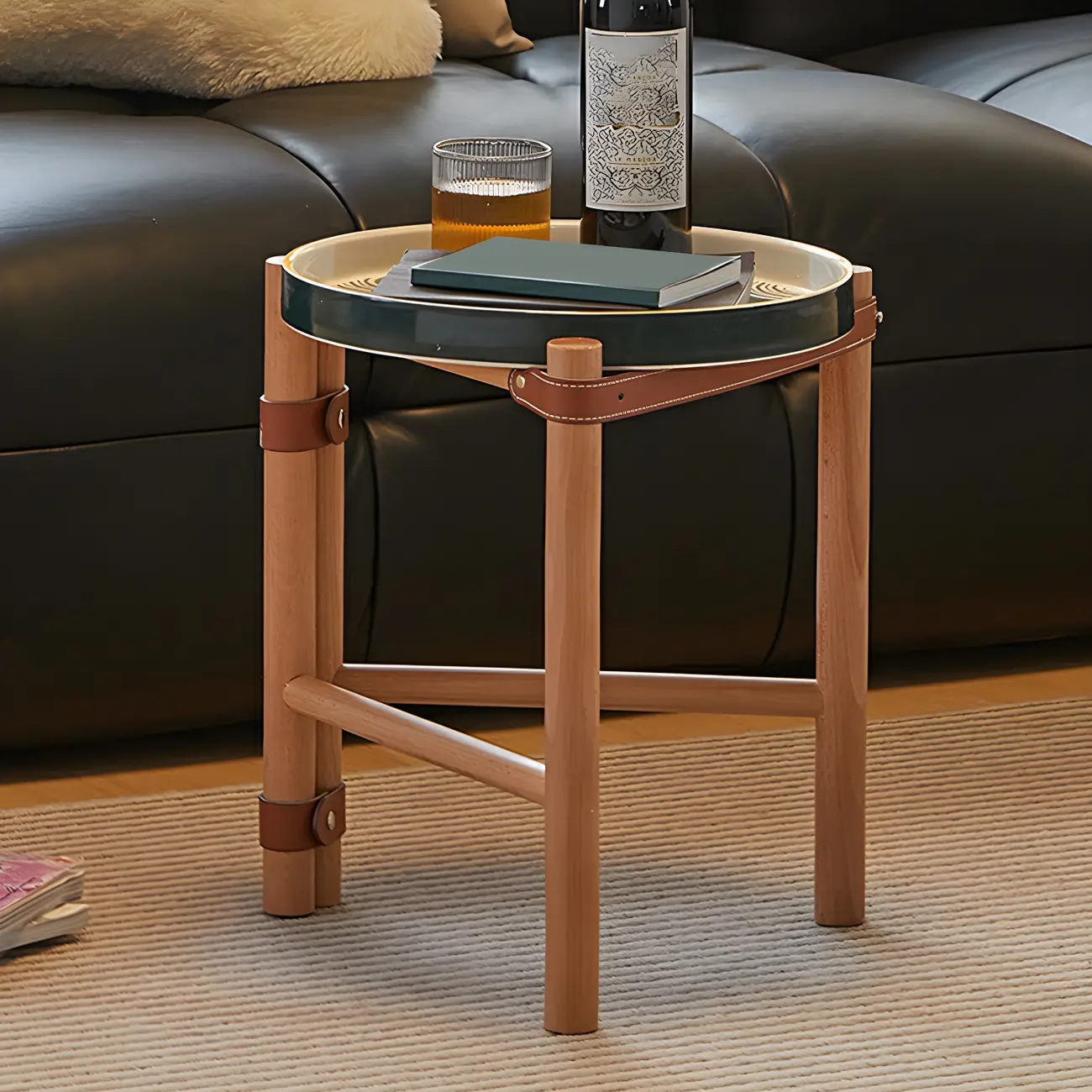 Scandinavian Round End Table with Ceramic Tray Top