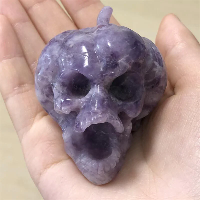 HULIANFU Natural Crystal Quartz Lepidolite Pumpkin Skull Reiki Healing Hand Carved Home Halloween Decoration Gift 1pcs - Deanwangkt