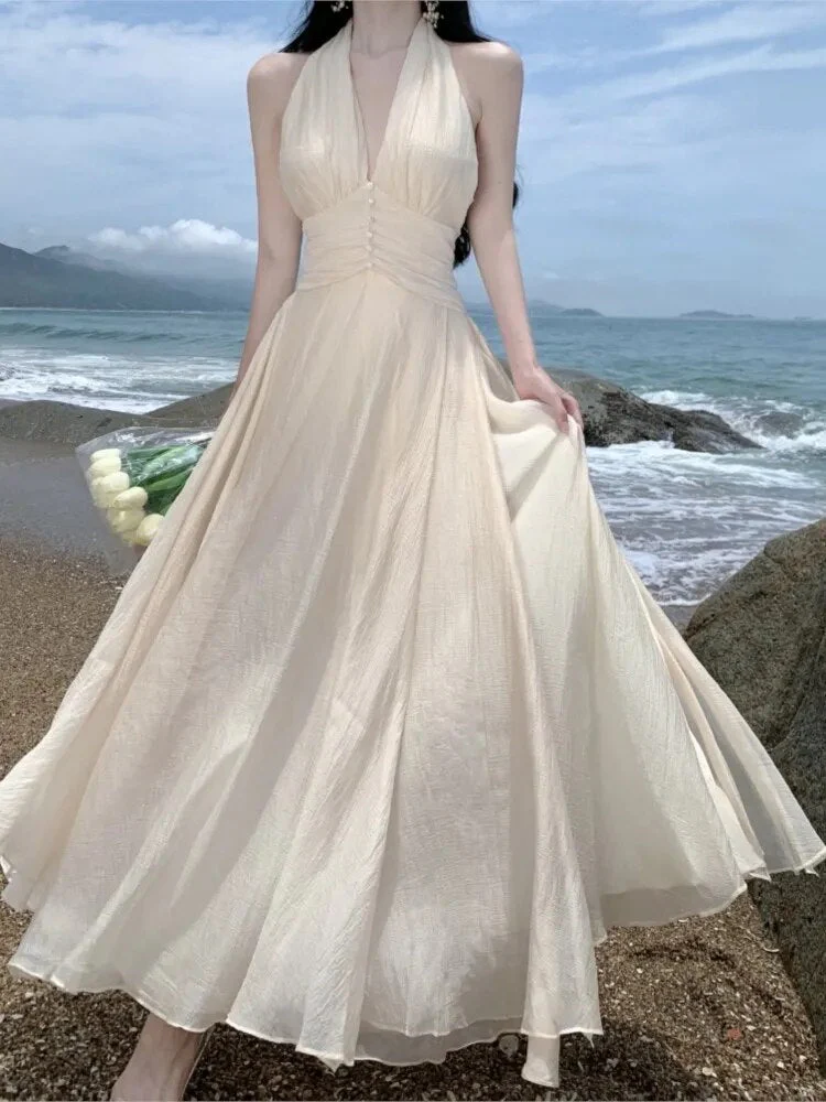 Summer Sleeveless Halter Long White Maxi Dress Elegant Tight Waist V-neck Beach Dress Robes Du Soir Evening Dresses Wedding Prom - Deanwangkt