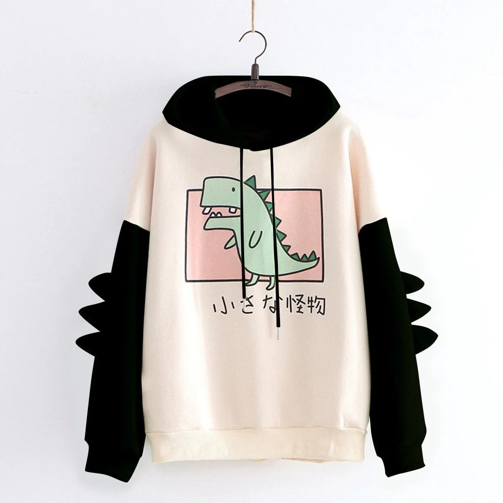 Winter dino hoodie Tops Dinosaur Oversized Cartoon Hoodie Women Fashion Sweatshirt Casual Print Korean Style Thicken Sweatshirt - Deanwangkt