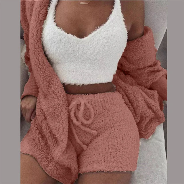 Three Piece Sexy Fluffy Outfits Plush Velvet Hooded Cardigan Coat+Shorts+Crop Top Women Tracksuit Sets Casual Sports Sweatshirt - Deanwangkt