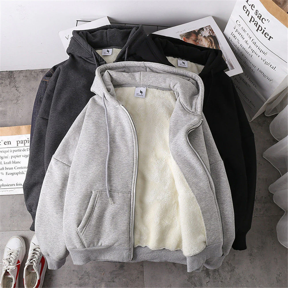 hulianfu Jacket women solid color hoodies autumn winter imitation lamb wool korean loose plus velvet thick zipper sweatshirt tops - Deanwangkt