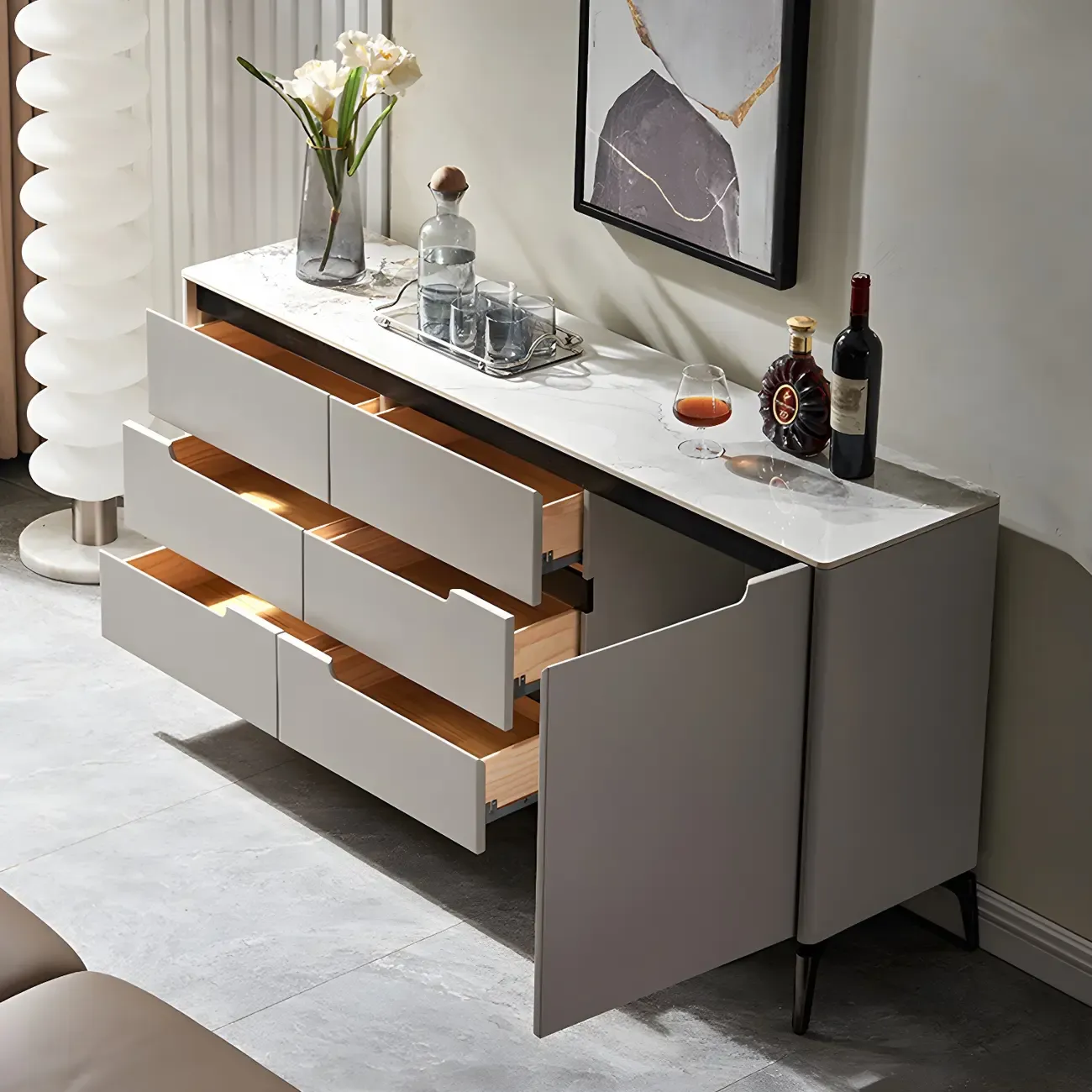 Modern Stone Countertop Sideboard with Cabinets