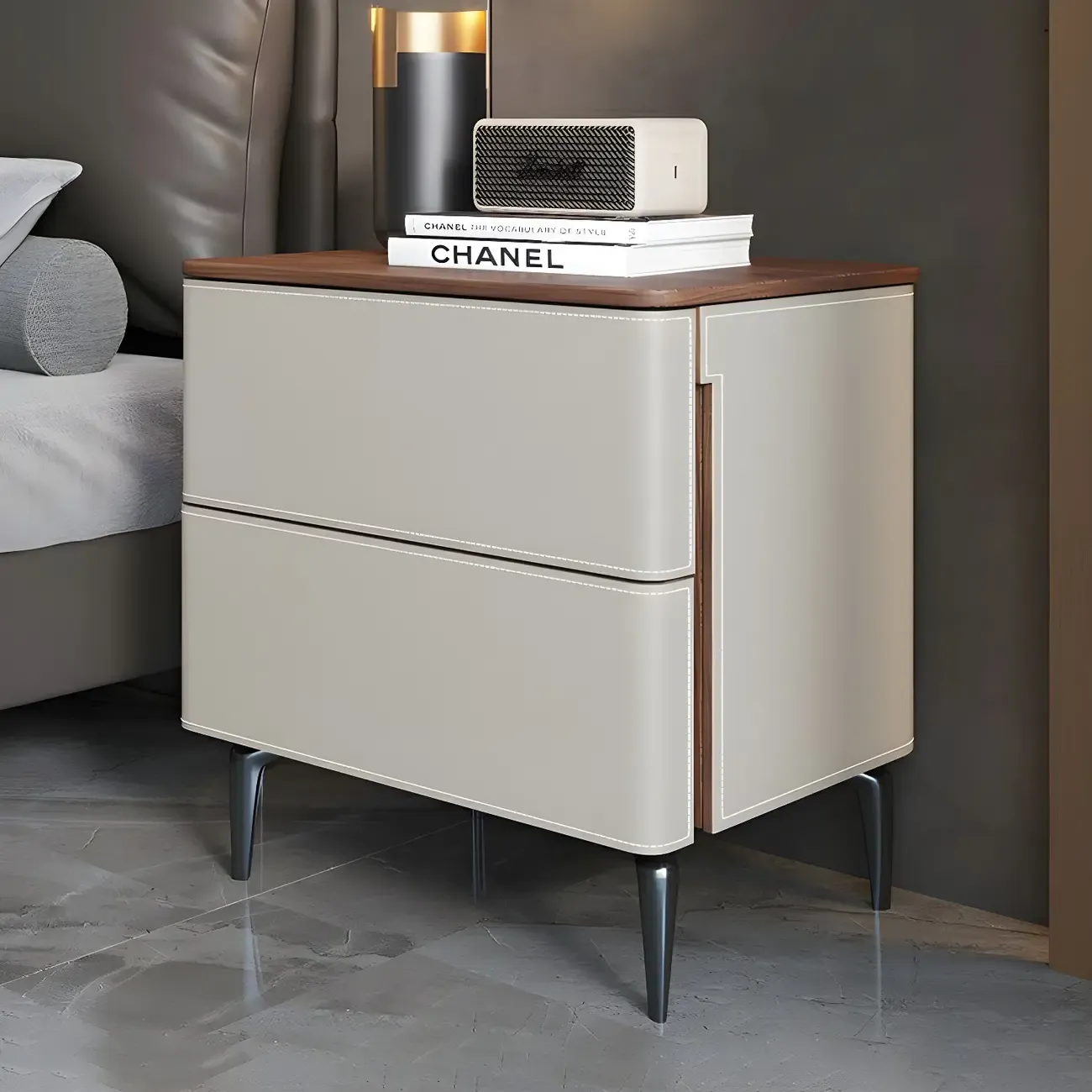 Modern Faux Leather Wood Top Drawers Nightstand