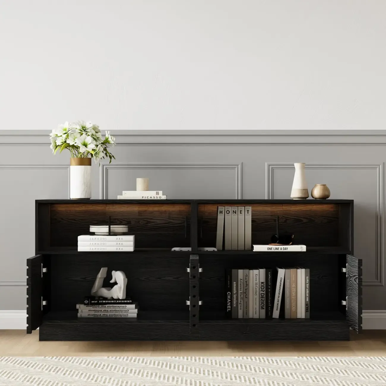 Modern Black Rectangular Wooden LED TV Stand