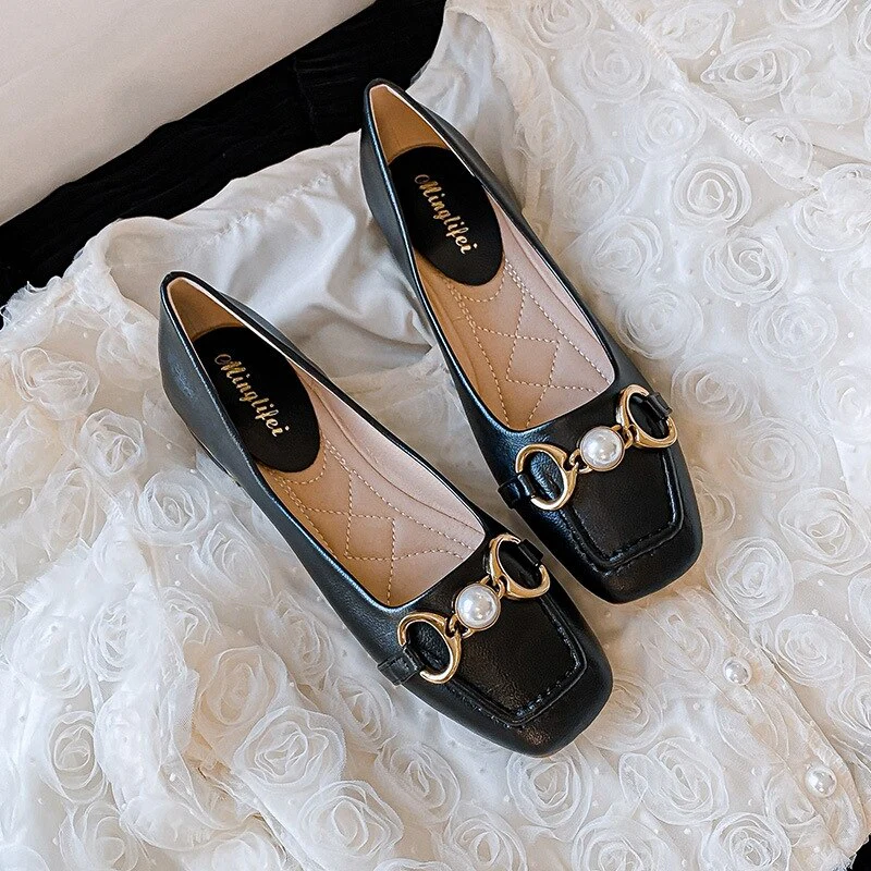 Spring/summer  New brand low heel shoes Fashionable square head pearl design outer wear work women's shoes - Deanwangkt