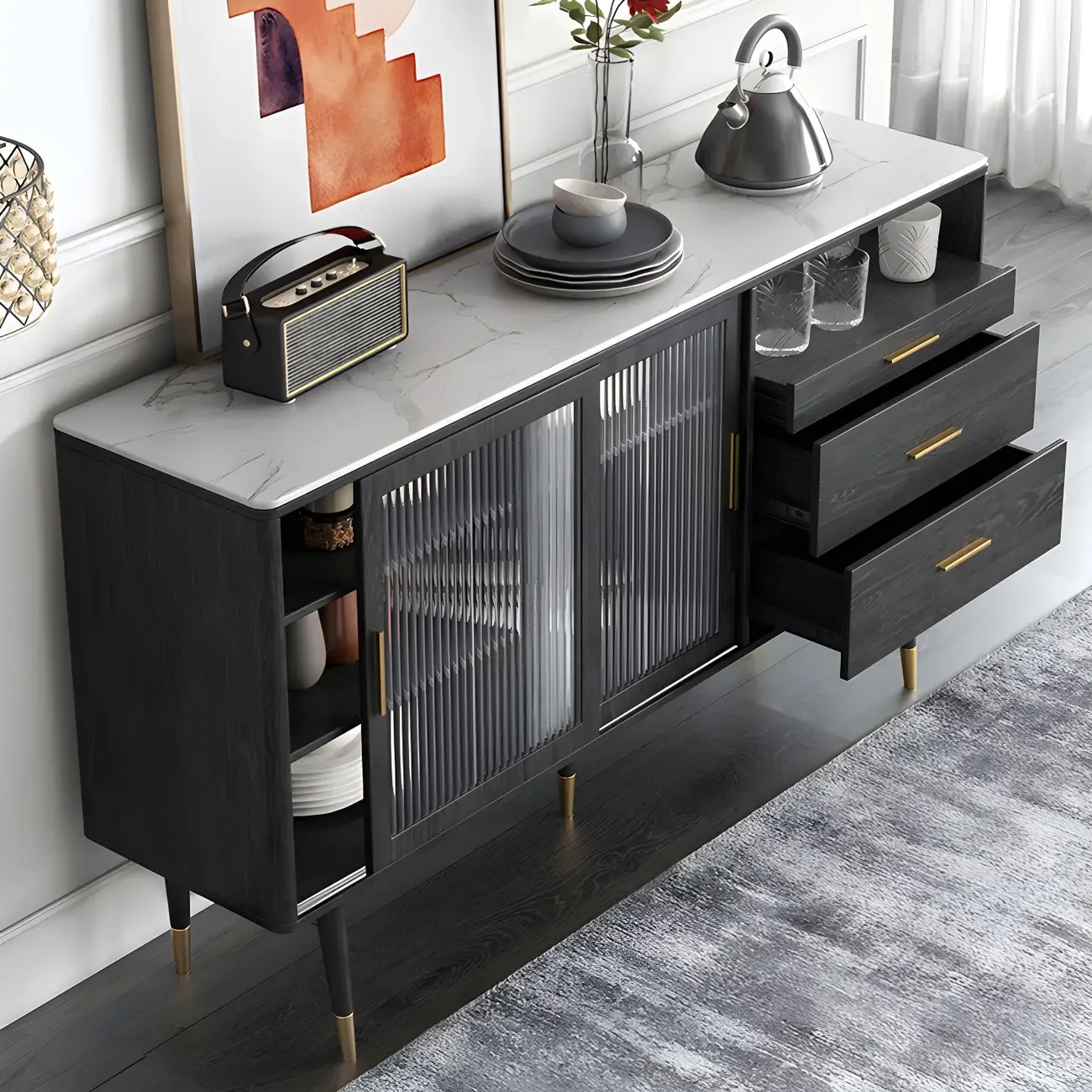 Glam Black Wooden Buffets with Glass Doors & Drawers