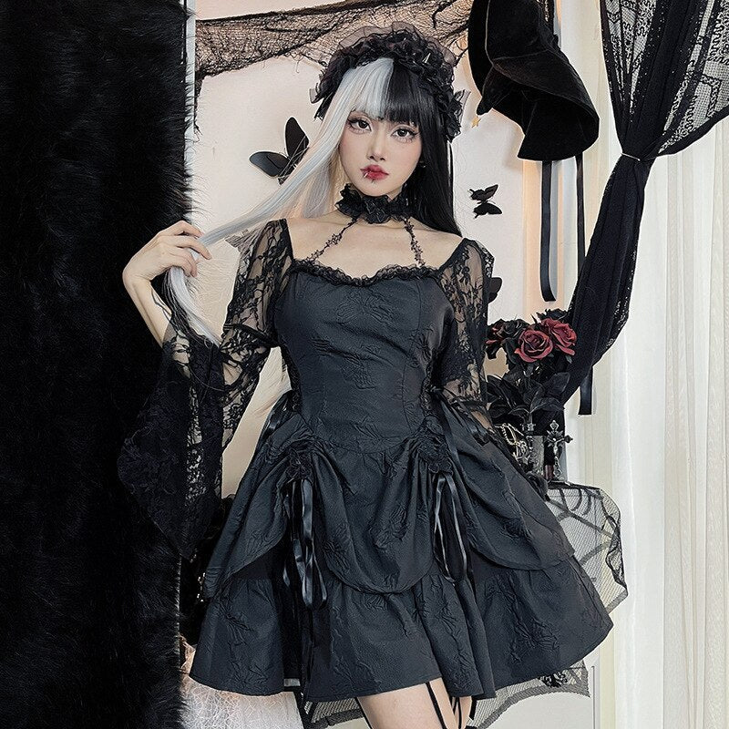Halter Halloween Cosplay Costumes Gothic Lolita Party Dress White Black Flare Sleeve Fairy Princess Ruffle Cake Kawaii Dresses - Deanwangkt