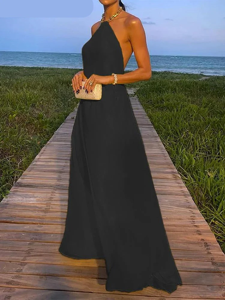 Hulianfu Elegant Backless Yellow Dress Women Chain Halter Neck Sleeveless High Waist Sexy Midi Dresses Summer Party Vestidos - Deanwangkt