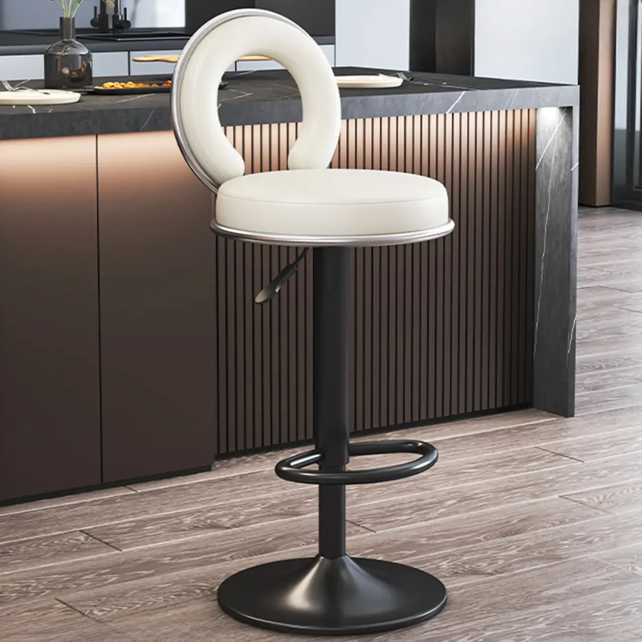 Glam Round Adjustable Leather Swivel Bar Stool with Back